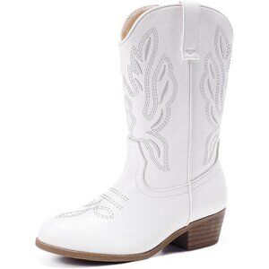 Kids White Pointed Toe Side Zipper Classic  Embroidered Horse Riding Shoes